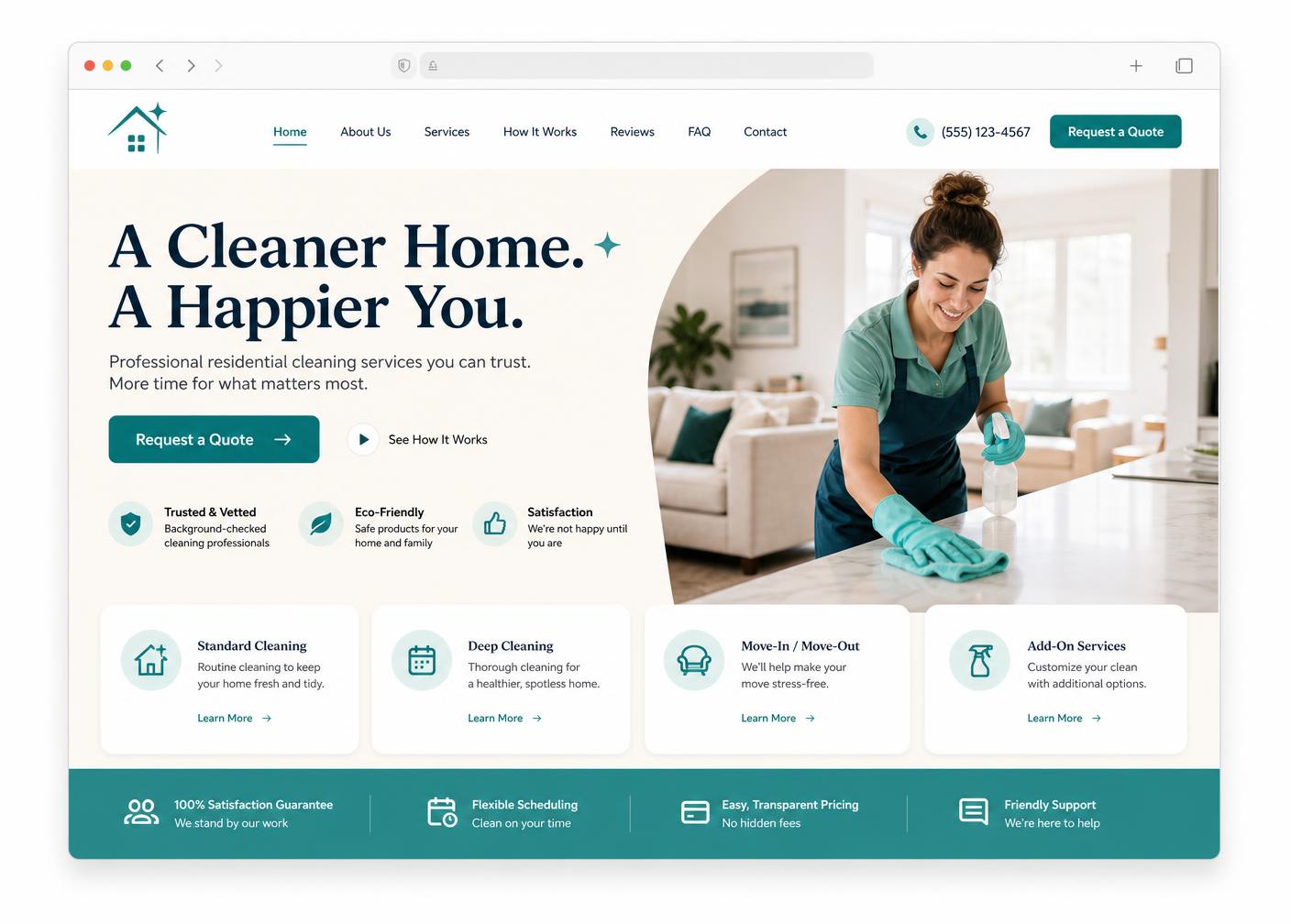 Homepage of the Daytona Shine Cleaning Co. website, showing a cream and teal design with a quote request call to action